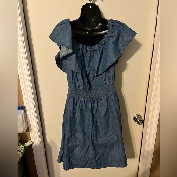 Rosie Harlow Junior Smocked Off-The-Shoulder Fit & Flare Dress Denim Day Blue L - Picture 6 of 8